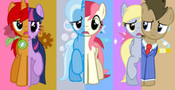 Size: 1409x720 | Tagged: safe, artist:lilladessert, derpy hooves, doctor whooves, roseluck, time turner, trixie, twilight sparkle, oc, oc:tick tock, pony, unicorn, doctor whooves and assistant, g4, base used, doctor whooves adventures, song lyrics in description, tenth doctor, unicorn twilight, what my cutie mark is telling me