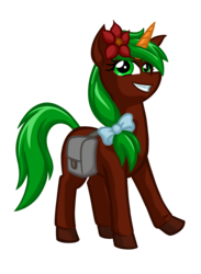 Size: 1460x2000 | Tagged: safe, artist:texasuberalles, oc, oc only, oc:razor blade, pony, unicorn, 2019 community collab, derpibooru community collaboration, bow, colored hooves, colored horn, female, flower, flower in hair, hair bow, horn, mare, saddle bag, simple background, smiling, solo, transparent background