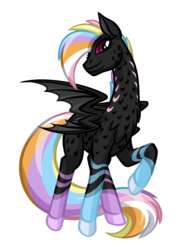 Size: 1460x2000 | Tagged: safe, artist:texasuberalles, oc, oc only, oc:tiberious, dracony, hybrid, pony, 2019 community collab, derpibooru community collaboration, bat wings, colored hooves, female, four wings, looking at you, rainbow hair, raised hoof, simple background, solo, transparent background, two mouths, wings
