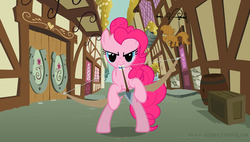Size: 1280x725 | Tagged: safe, artist:silky-seams, pinkie pie, pony, g4, >:d, arrow, bipedal, bow (weapon), bow and arrow, evil grin, female, grin, gritted teeth, mouth hold, smiling, smirk, solo, weapon