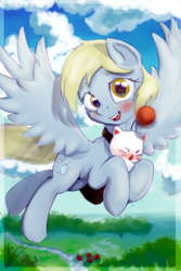 Size: 1200x1800 | Tagged: safe, artist:drafthoof, artist:klemm, derpy hooves, moogle, pegasus, pony, g4, collaboration, cute, derpabetes, female, flying, mare
