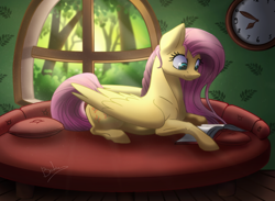 Size: 2306x1692 | Tagged: safe, artist:bakud, fluttershy, pegasus, pony, g4, book, couch, female, fluttershy's cottage, folded wings, indoors, looking down, mare, prone, reading, solo, window, wings