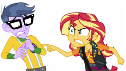 Size: 2731x1536 | Tagged: safe, edit, edited screencap, editor:lonely fanboy48, screencap, micro chips, sunset shimmer, equestria girls, equestria girls specials, g4, my little pony equestria girls: better together, my little pony equestria girls: forgotten friendship, angry, background removed, clothes, geode of empathy, glasses, magical geodes, pointing, scared, shrunken pupils, simple background