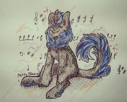 Size: 2183x1752 | Tagged: safe, artist:cactus-control, oc, kirin, blue hair, eyes closed, happy, kirin oc, music notes, open mouth, simple background, singing, sitting, traditional art