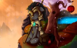 Size: 2560x1600 | Tagged: source needed, safe, artist:apostolllll, oc, oc only, earth pony, pony, armor, eyes closed, guard, guard armor, helmet, lantern, male, saddle bag, solo, spear, stallion, tree, weapon