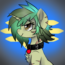 Size: 1024x1024 | Tagged: safe, artist:brainiac, oc, oc only, oc:piper, pony, unicorn, fallout equestria, bust, christmas gift, collar, fanfic, fanfic art, female, horn, mare, profile, raider, scar, smiling, solo