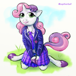 Size: 1000x1000 | Tagged: safe, artist:capt_hairball, sweetie belle, anthro, unguligrade anthro, g4, clothes, digital art, female, kneeling, looking at you, pleated skirt, school uniform, skirt, solo