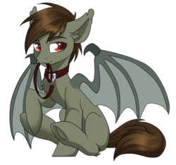 Size: 2798x2624 | Tagged: safe, artist:kxttponies, oc, oc only, oc:wayne, bat pony, pony, collar, high res, leash, male, red eyes, simple background, sitting, solo, stallion, transparent background
