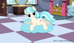 Size: 1280x758 | Tagged: safe, artist:silky-seams, coco pommel, earth pony, pony, g4, bedroom eyes, female, lip bite, missing accessory, prone, solo