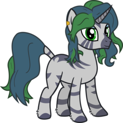 Size: 1043x1048 | Tagged: safe, artist:lightningbolt, derpibooru exclusive, oc, oc only, oc:forest glade, hybrid, pony, zebra, zebracorn, zony, 2019 community collab, derpibooru community collaboration, g4, .svg available, ear piercing, earring, eyeshadow, green eyes, hoof fluff, horn, jewelry, looking at you, makeup, male, piercing, show accurate, simple background, solo, stallion, svg, transparent background, vector