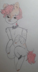 Size: 549x1024 | Tagged: safe, artist:cactus-control, oc, oc only, semi-anthro, arm hooves, bandage, choker, fluffy, piercing, red hair, simple background, solo, traditional art, white background