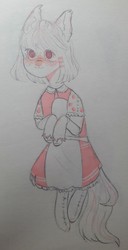 Size: 668x1306 | Tagged: safe, artist:cactus-control, oc, oc only, pony, blushing, clothes, dress, happy, looking at you, red eyes, simple background, socks, solo, traditional art, white background