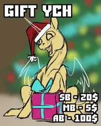 Size: 1000x1250 | Tagged: safe, artist:sunny way, oc, oc only, pony, rcf community, advertisement, any gender, christmas, christmas tree, commission, hat, holiday, new year, present, santa hat, solo, tree, your character here