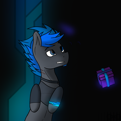 Size: 2000x2000 | Tagged: safe, anonymous artist, oc, oc only, oc:vibrant star, ghost, pony, abstract background, collar, gift art, high res, holding a pony, hoofless socks, magic, male, present