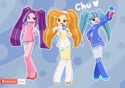 Size: 1420x1000 | Tagged: safe, artist:howxu, adagio dazzle, aria blaze, sonata dusk, equestria girls, g4, alternate hairstyle, belly button, boots, clothes, female, idol, looking at you, microphone, midriff, one eye closed, pigtails, shoes, singing, smiling, snaggletooth, space channel 5, the dazzlings, trio, twintails