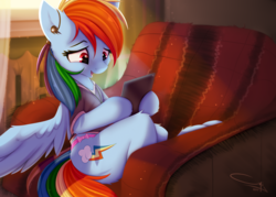 Size: 1448x1035 | Tagged: safe, artist:omi, rainbow dash, pegasus, pony, backwards cutie mark, book, clothes, couch, cute, dashabetes, earbuds, female, headphones, mare, panties, radiator, reading, shirt, solo, spread wings, tablet, underwear