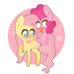 Size: 768x768 | Tagged: source needed, safe, artist:twilydashie, fluttershy, pinkie pie, earth pony, pegasus, pony, g4, blushing, duo, female, folded wings, heart, heart eyes, lesbian, looking at each other, raised hoof, ship:flutterpie, shipping, tongue out, turned head, wingding eyes, wings