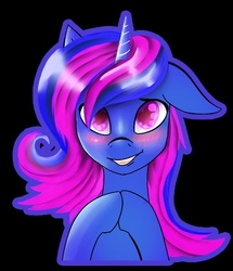 Size: 402x468 | Tagged: safe, artist:twilightwolf91, oc, oc only, oc:opasnyletyagin, pony, unicorn, black background, blushing, embarrassed, happy, looking at you, purple eyes, purple hair, simple background, smiling, solo