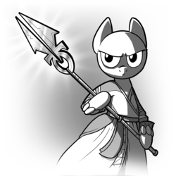 Size: 3000x3000 | Tagged: safe, artist:fimflamfilosophy, oc, oc only, pony, buck legacy, bald, beads, bipedal, black and white, card art, cleric, clothes, determined, grayscale, high res, male, monk, monochrome, robe, robes, simple background, solo, spear, weapon