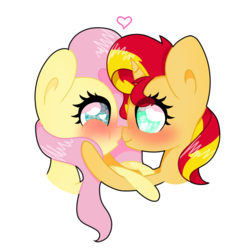Size: 768x768 | Tagged: source needed, safe, artist:twilydashie, fluttershy, sunset shimmer, pony, g4, blushing, boop, bust, duo, eye contact, female, floating heart, heart, heart eyes, lesbian, looking at each other, noseboop, profile, ship:sunshyne, shipping, simple background, squishy cheeks, white background, wingding eyes
