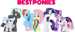 Size: 1846x801 | Tagged: safe, fluttershy, rainbow dash, rarity, rumble, sweetie belle, thunderlane, twilight sparkle, alicorn, pegasus, pony, g4, best pony, brothers, colt, female, filly, foal, male, mare, op has an opinion, pink text, stallion, twilight sparkle (alicorn)