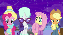 Size: 1280x720 | Tagged: safe, screencap, applejack, fluttershy, pinkie pie, rarity, earth pony, pegasus, pony, unicorn, best gift ever, g4, clothes, female, glasses, group, hat, mare, quartet, scarf, sweater, winter outfit
