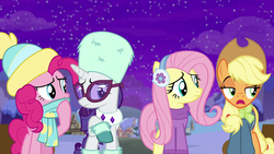 Size: 1280x720 | Tagged: safe, screencap, applejack, fluttershy, pinkie pie, rarity, earth pony, pegasus, pony, unicorn, best gift ever, g4, clothes, earmuffs, female, glasses, group, hat, mare, quartet, raised hoof, scarf, sweater, winter outfit
