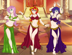 Size: 2252x1701 | Tagged: safe, artist:anonix123, fluttershy, rarity, sunset shimmer, human, g4, anklet, armlet, armpits, barefoot, bedroom eyes, belly, belly button, belly dancer, belly dancer outfit, blushing, bracelet, breasts, cleavage, cutie mark accessory, dancing, eyeshadow, feet, female, hairpin, harem outfit, humanized, jewelry, legs, loincloth, makeup, midriff, pose, sexy, smiling, stupid sexy fluttershy, stupid sexy rarity, stupid sexy sunset shimmer, throne room