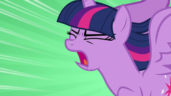 Size: 1280x720 | Tagged: safe, screencap, twilight sparkle, alicorn, pony, best gift ever, g4, eyes closed, female, green background, mare, open mouth, simple background, solo, speed lines, twilight sparkle (alicorn), yelling