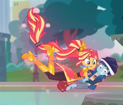 Size: 506x431 | Tagged: safe, screencap, henry handle, manestrum, sunset shimmer, equestria girls, equestria girls series, g4, super squad goals, background human, bike helmet, boots, clothes, cropped, crystal guardian, female, helmet, high heel boots, high heels, legs, male, ponied up, shoes, shorts, sneakers
