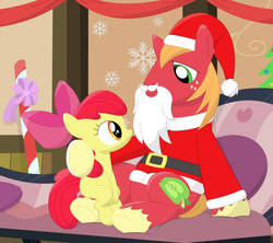 Size: 948x843 | Tagged: safe, artist:porygon2z, apple bloom, big macintosh, pony, g4, brother and sister, clothes, costume, fake beard, female, male, santa claus, santa hooves