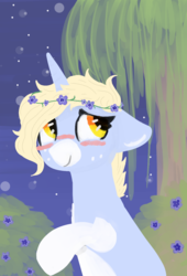 Size: 940x1380 | Tagged: safe, artist:nootaz, oc, oc only, oc:nootaz, pony, unicorn, blushing, female, floppy ears, floral head wreath, flower, freckles, mare, night, nootabetes, periwinkle (flower), raised hoof, remake, smiling, solo, tree
