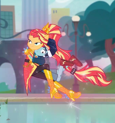 Size: 448x478 | Tagged: safe, screencap, henry handle, manestrum, sunset shimmer, equestria girls, g4, my little pony equestria girls: better together, super squad goals, bike helmet, boots, canterlot city, clothes, cropped, crystal guardian, helmet, high heel boots, legs, legs in air, levitation, magic, male, ponied up, shoes, shorts, sneakers, telekinesis