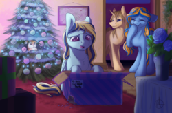 Size: 1995x1305 | Tagged: safe, artist:klarapl, oc, oc only, pegasus, pony, unicorn, box, chest fluff, christmas, christmas tree, empty, eyes closed, female, filly, floppy ears, freckles, giggling, hiding, holiday, male, mare, open mouth, present, sad, sitting, stallion, tree