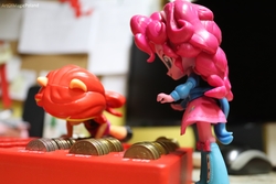 Size: 6000x4000 | Tagged: safe, artist:artofmagicpoland, pinkie pie, sunset shimmer, equestria girls, g4, doll, equestria girls minis, female, lesbian, money, ship:sunsetpie, shipping, stealing, toy