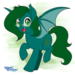 Size: 2224x2227 | Tagged: safe, artist:xwhitedreamsx, oc, oc only, oc:evergreen skies, bat pony, pony, bat pony oc, commission, cute, cute little fangs, fangs, female, glasses, high res, looking at you, mare, open mouth, smiling, solo