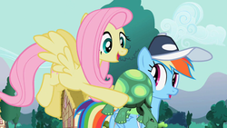 Size: 1280x720 | Tagged: safe, screencap, fluttershy, rainbow dash, tank, pony, g4, may the best pet win, coach rainbow dash, coaching cap, coaching whistle