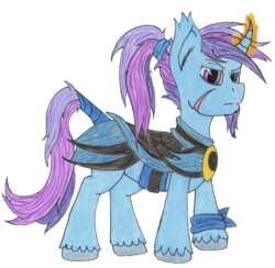 Size: 1084x1059 | Tagged: safe, artist:the1king, derpibooru exclusive, oc, oc only, oc:azure night, pony, unicorn, 2019 community collab, derpibooru community collaboration, armor, clothes, facial hair, glowing horn, horn, magic, magic aura, male, raised eyebrow, scar, simple background, solo, traditional art, transparent background, unicorn oc