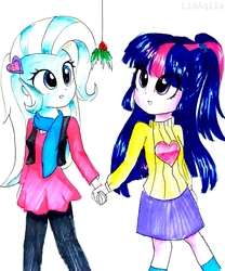 Size: 1393x1672 | Tagged: safe, artist:liaaqila, sci-twi, trixie, twilight sparkle, equestria girls, g4, clothes, cute, diatrixes, female, hairpin, holding hands, holly, holly mistaken for mistletoe, lesbian, mistletoe, scarf, ship:sci-twixie, ship:twixie, shipping, sweater, traditional art, twiabetes
