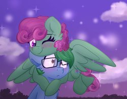 Size: 2560x2000 | Tagged: safe, artist:lbrcloud, oc, oc only, oc:software patch, oc:windcatcher, earth pony, pegasus, pony, blushing, commission, female, glasses, high res, hug, male, mare, night, stallion, stars, windpatch