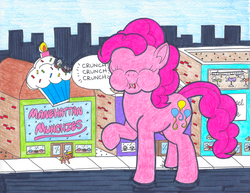 Size: 2196x1694 | Tagged: safe, artist:jamestkelley, pinkie pie, earth pony, pony, g4, alley, angry, baker, bakery, bite mark, boutique, city, cityscape, cupcake, eating, electricity, food, giant pony, macro, manehattan, sparks, store display