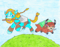 Size: 2155x1681 | Tagged: safe, artist:jamestkelley, rockhoof, yona, earth pony, pony, yak, g4, bow, cloven hooves, colored pencil drawing, cute, female, grass, hair bow, happy, hill, leaping, looking at you, male, monkey swings, mouth hold, rockhoof's shovel, simple background, stallion, traditional art, trowel