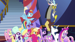 Size: 1280x720 | Tagged: safe, screencap, applejack, discord, fluttershy, pinkie pie, princess cadance, princess flurry heart, rainbow dash, rarity, shining armor, spike, twilight sparkle, alicorn, draconequus, dragon, earth pony, pegasus, pony, unicorn, best gift ever, g4, clothes, colored wings, earmuffs, female, filly, foal, glasses, gradient wings, hat, male, mane seven, mane six, mare, scarf, stallion, sweater, twilight sparkle (alicorn), winged spike, wings, winter outfit