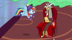 Size: 1280x720 | Tagged: safe, screencap, discord, rainbow dash, draconequus, pegasus, pony, best gift ever, g4, armchair, chair, clothes, duo, eating, female, flying, food, hat, male, mare, popcorn, raised eyebrow, scarf, winter outfit
