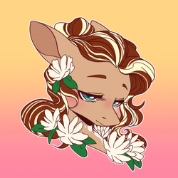 Size: 512x512 | Tagged: artist needed, safe, oc, oc only, earth pony, pony, bust, eyebrows, female, flower, flower in hair, gradient background, lidded eyes, mare, portrait, solo, three quarter view