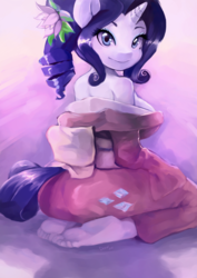 Size: 2480x3508 | Tagged: safe, artist:dozer, rarity, anthro, plantigrade anthro, g4, adorasexy, alternate hairstyle, barefoot, breasts, busty rarity, clothes, cute, feet, female, flower, flower in hair, geisha, high res, kimono (clothing), kneeling, looking at you, looking back, off shoulder, raribetes, sexy, smiling, soles, solo, toes