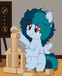 Size: 1094x1344 | Tagged: safe, artist:shinodage, oc, oc only, oc:delta vee, pegasus, pony, blocks, building blocks, chest fluff, cute, diaveetes, female, filly, hoof hold, messy mane, ocbetes, playing, shinodage is trying to murder us, sitting, smiling, solo, spread wings, wings, younger