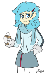 Size: 727x1080 | Tagged: safe, artist:exvius, oc, oc only, oc:frost flare, human, kirin, equestria girls, g4, blue eyes, clothes, coffee, drink, equestria girls oc, equestria girls-ified, female, hairclip, humanized, jacket, kirin oc, leggings, miniskirt, pantyhose, scarf, simple background, skirt, solo, transparent background, winter