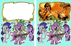 Size: 1280x837 | Tagged: safe, artist:grotezco, rarity, spike, twilight sparkle, alicorn, anthro, unguligrade anthro, g4, blue background, crying, dark queen tkhisis, disappointment, dragonlance, exploitable meme, guitar, lip bite, meme, music notes, simple background, singing, smiling, this will not end well, twilight sparkle (alicorn), unimpressed