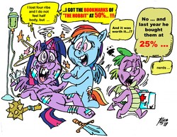Size: 1280x995 | Tagged: safe, artist:grotezco, rainbow dash, spike, twilight sparkle, alicorn, dragon, pegasus, pony, g4, bandage, black friday, book, broken teeth, circling stars, concerned, dialogue, dizzy, first aid kit, holiday special, kneeling, lying down, mace, medicine, missing teeth, nerd, shopping, silly, simple background, sword, teary eyes, that pony sure does love books, twilight sparkle (alicorn), walking away, weapon, white background